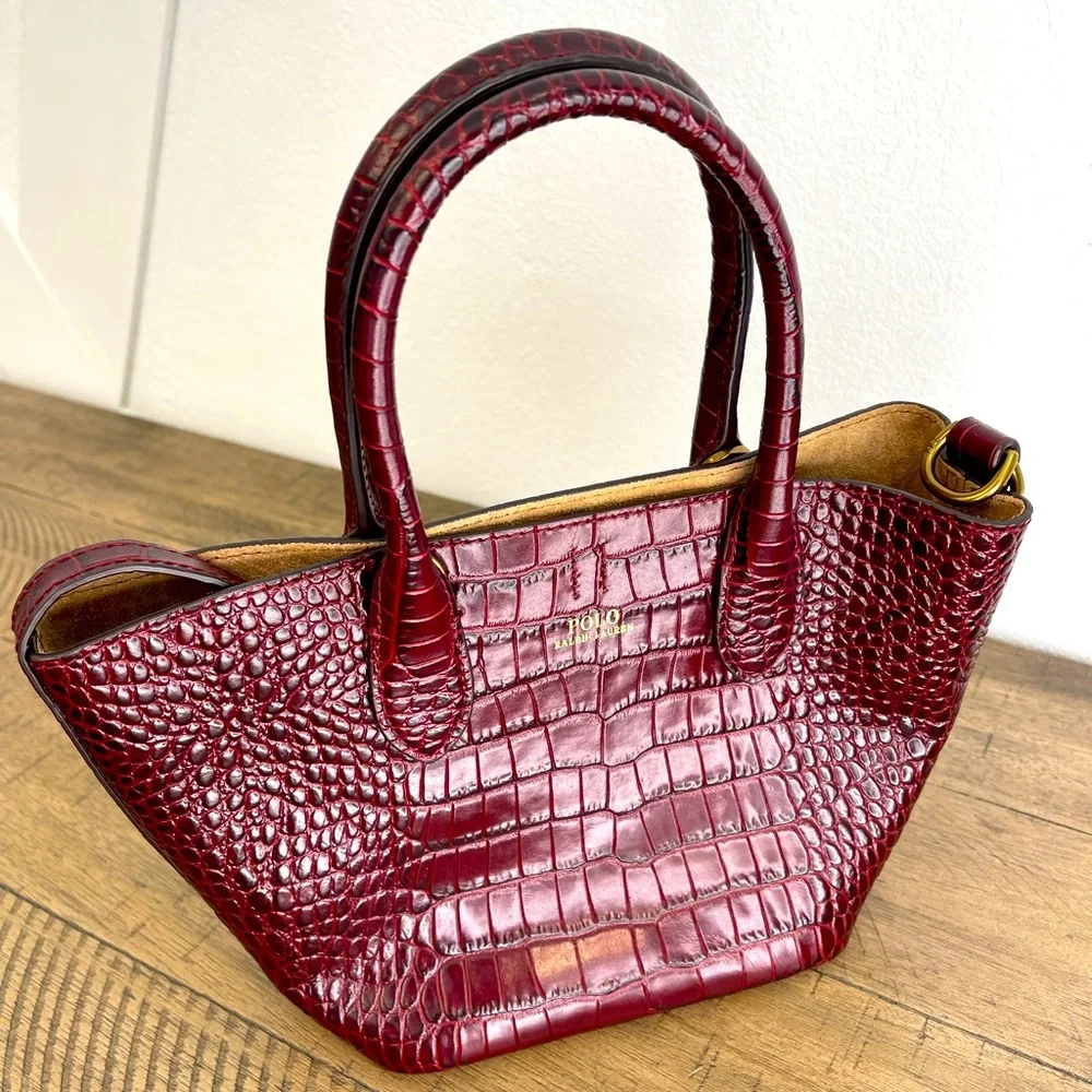 Polo Ralph Lauren Burguny Mini Bellport Embossed Tote w/ Dust Cover Handbag - Picture 2 of 5